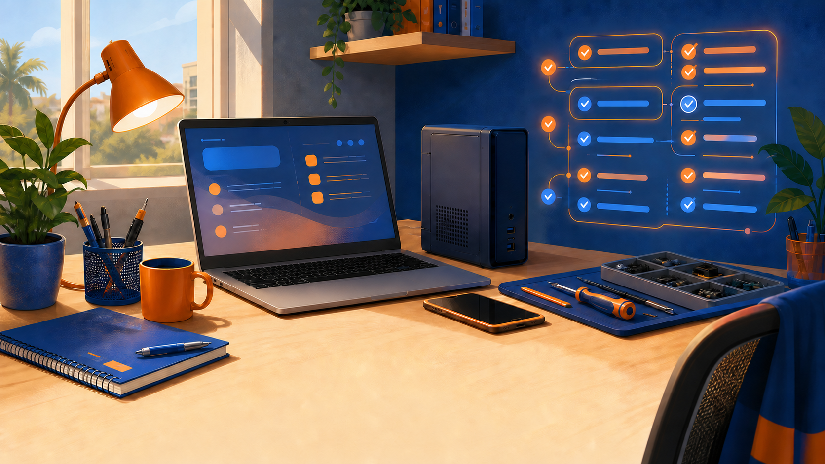 Welcoming student workspace with a laptop, desktop computer, toolkit, and simple visual checklist