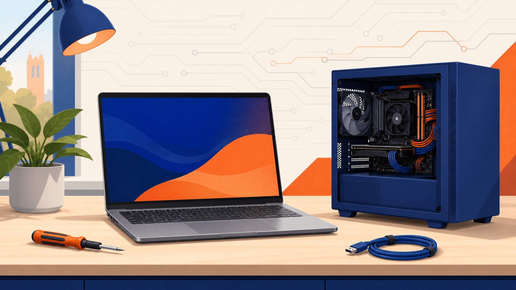 Original illustration of a laptop and desktop PC on a repair workbench with a screwdriver and cable
